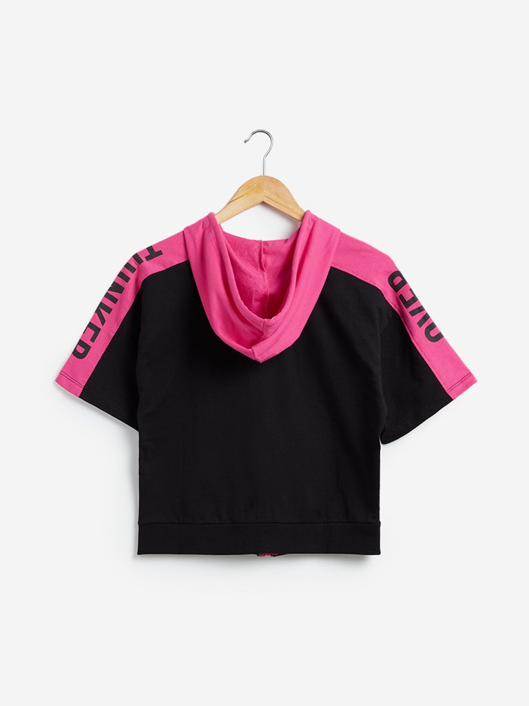Studiofit Black Text Print Hooded T-Shirt