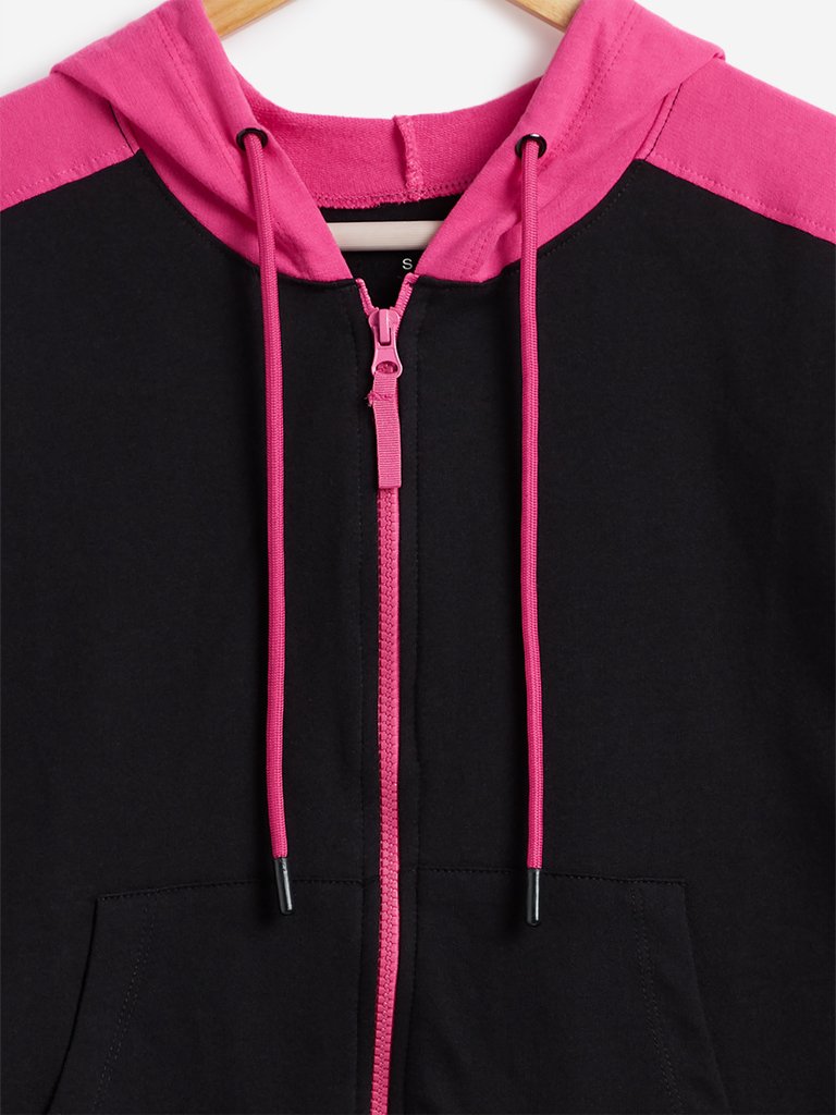 Studiofit Black Text Print Hooded T-Shirt