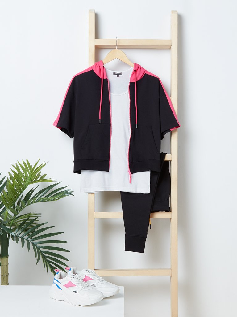 Studiofit Black Text Print Hooded T-Shirt