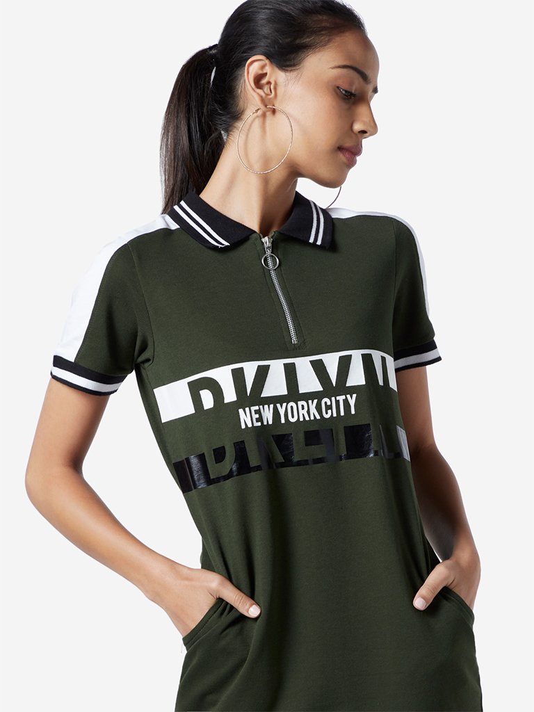 Studiofit Olive Text Pattern T-Shirt Dress