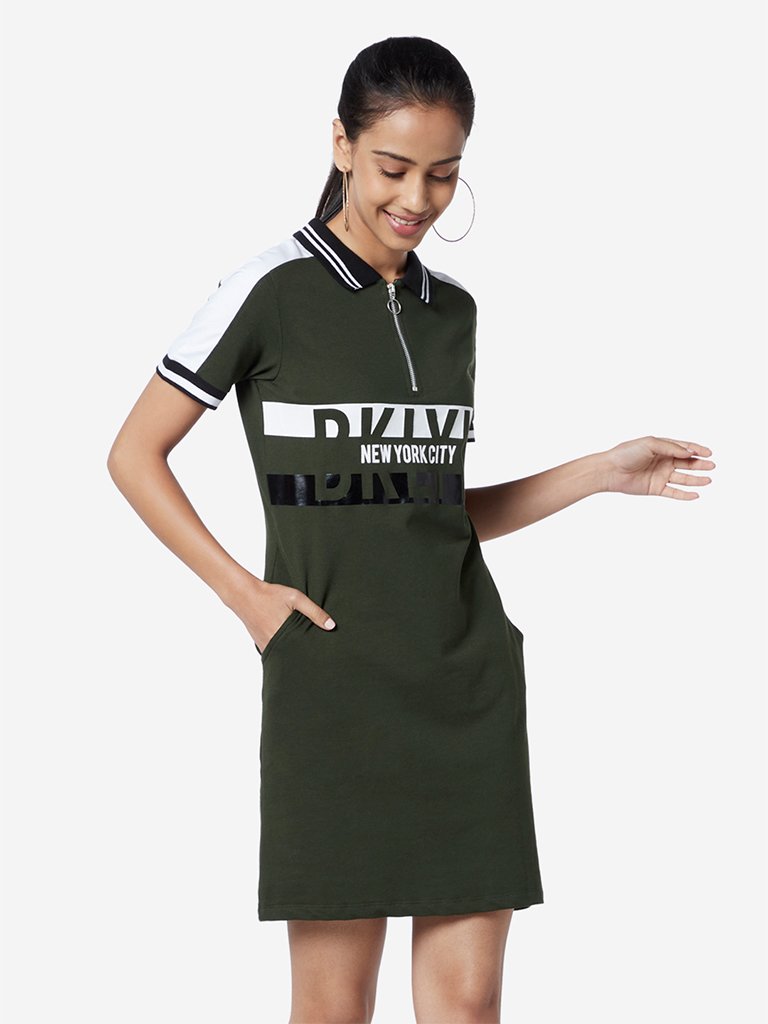 Studiofit Olive Text Pattern T-Shirt Dress