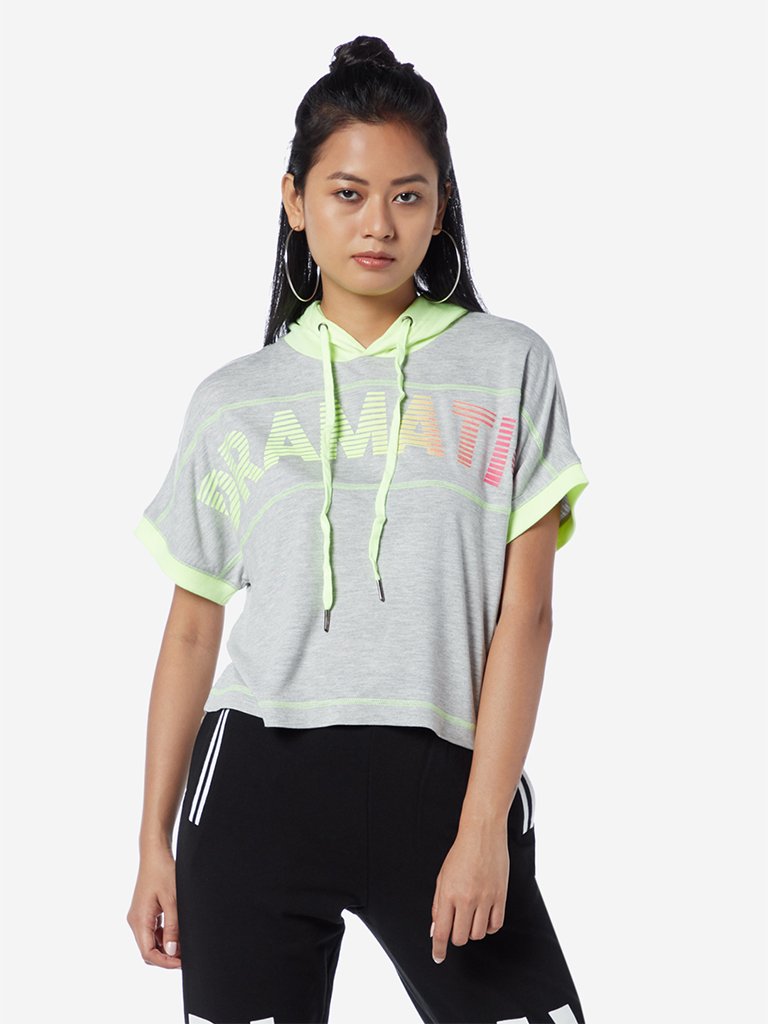 Studiofit Grey Text Printed Hooded T-Shirt