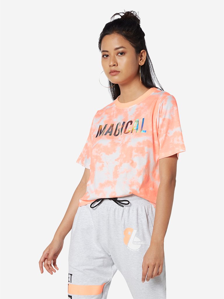 Studiofit Neon Orange Text Pattern T-Shirt