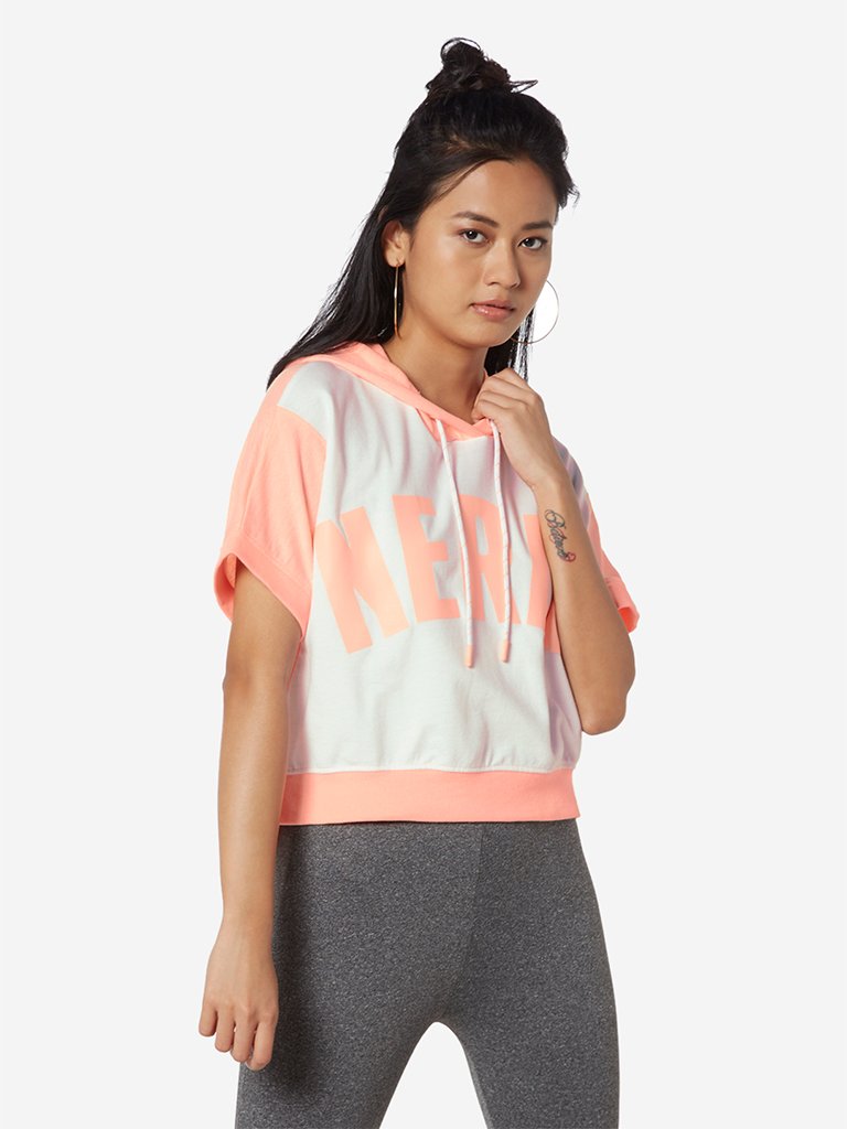 Studiofit White And Peach Text Hooded T-Shirt