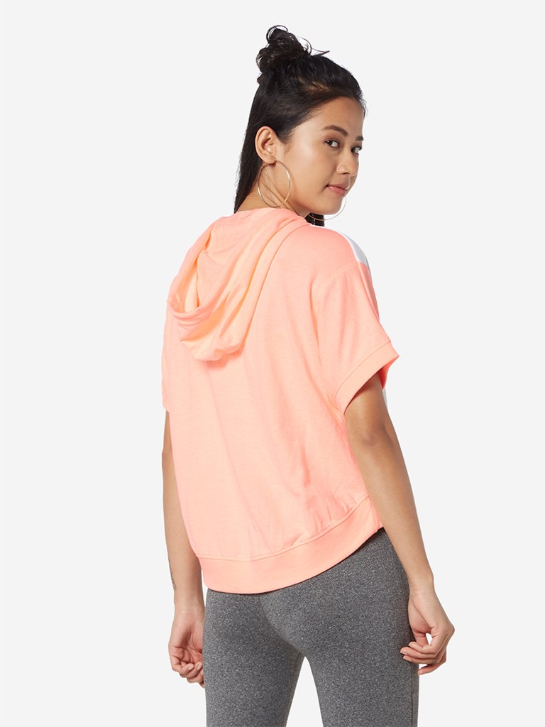 Studiofit White And Peach Text Hooded T-Shirt