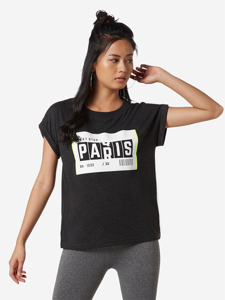 Studiofit Black Text Print Round Neck T-Shirt