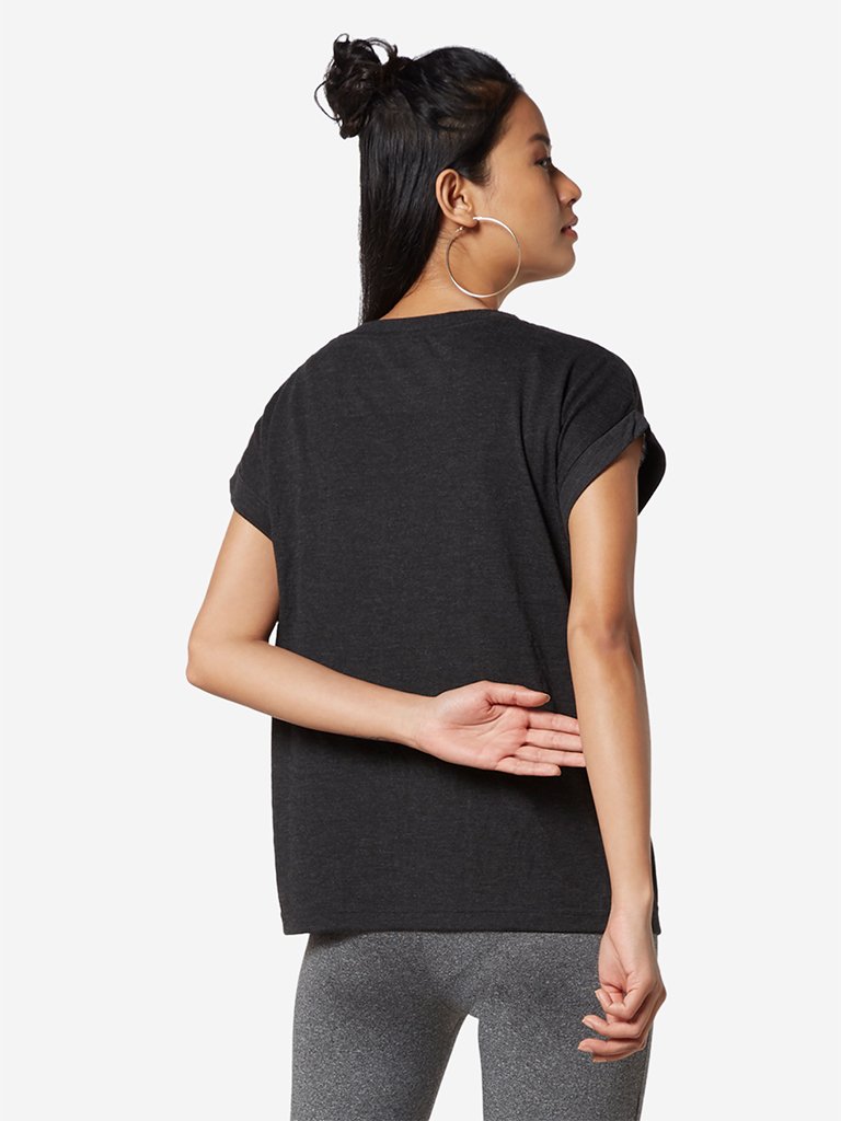 Studiofit Black Text Print Round Neck T-Shirt