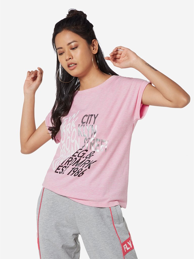 Studiofit Pink Melange Text Pattern T-Shirt
