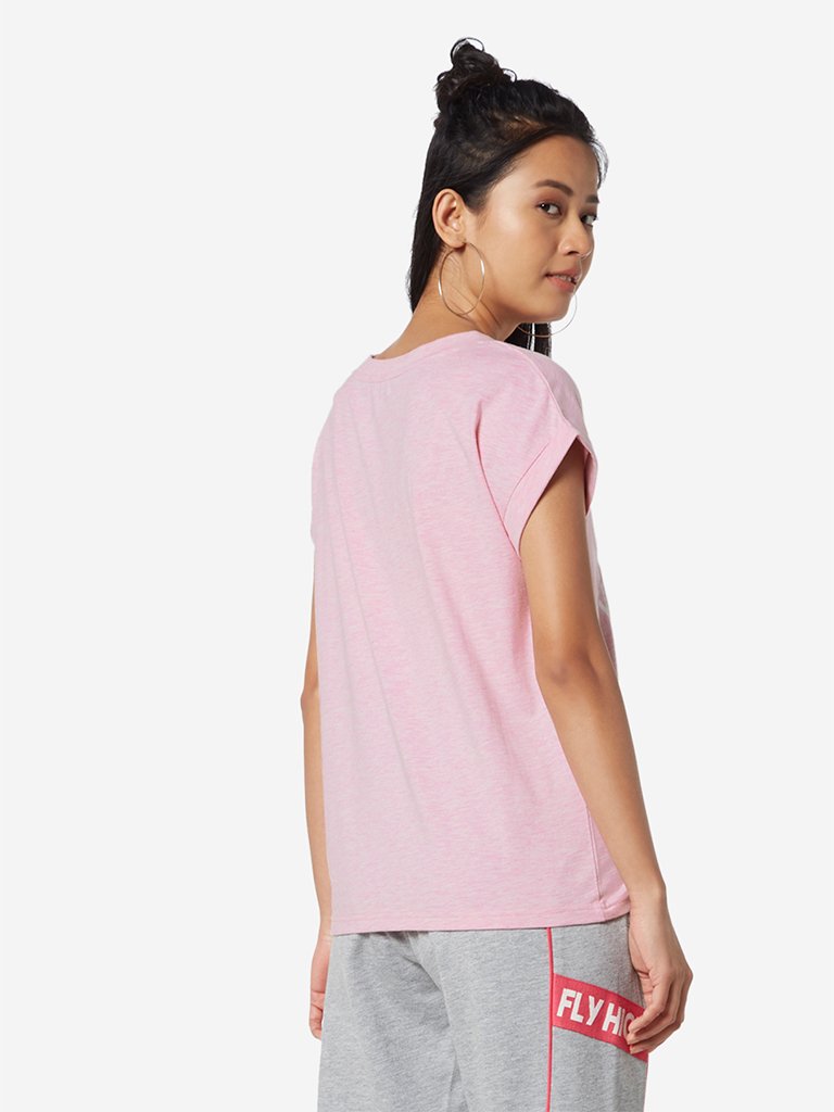 Studiofit Pink Melange Text Pattern T-Shirt