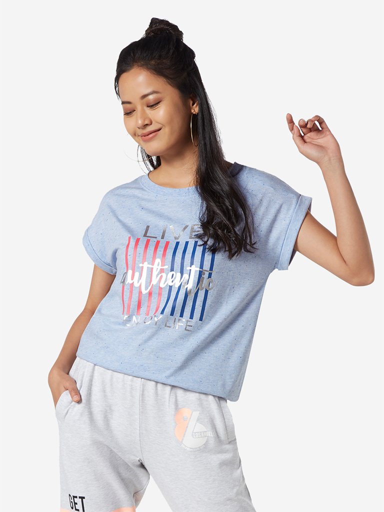 Studiofit Blue Melange Text Pattern T-Shirt