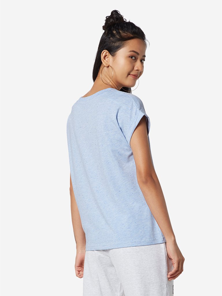 Studiofit Blue Melange Text Pattern T-Shirt