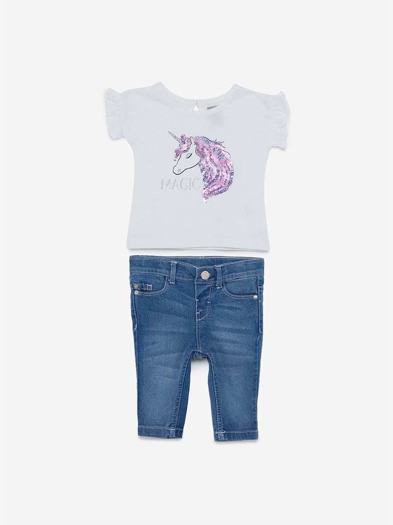 Baby HOP White Unicorn T-Shirt And Jeans Set