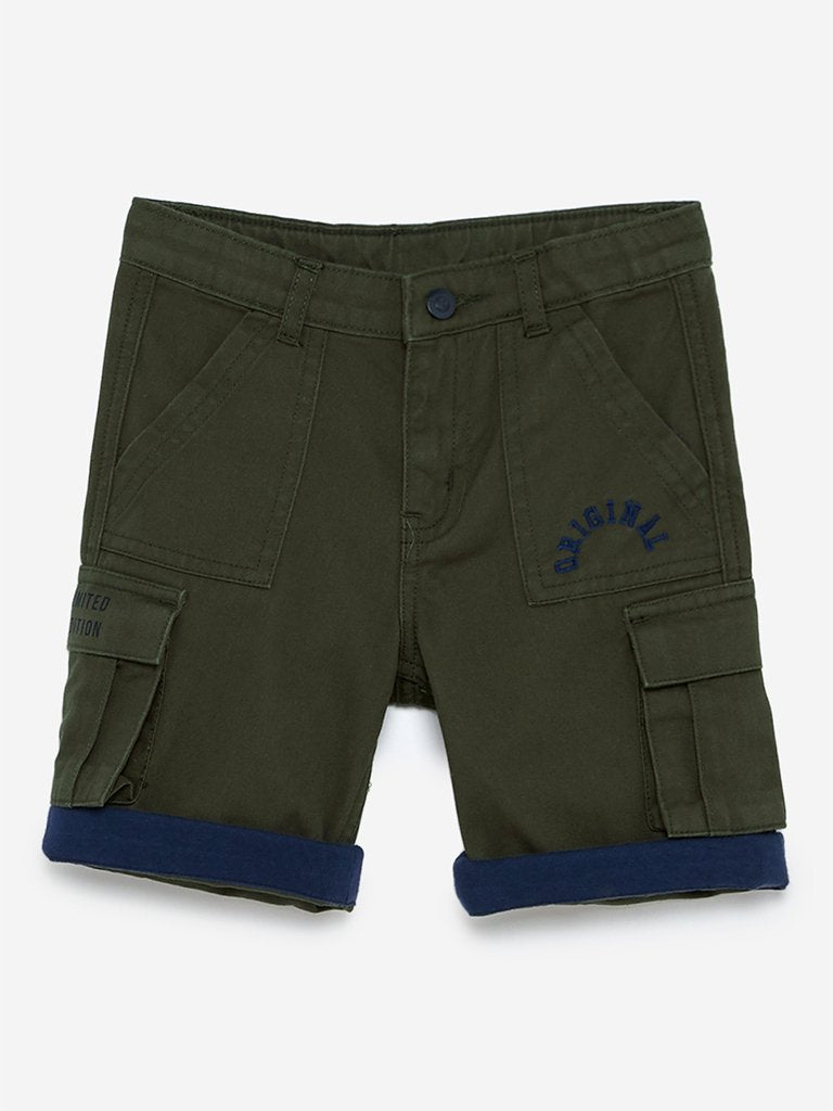 HOP Kids Olive Text Print Cargo Shorts