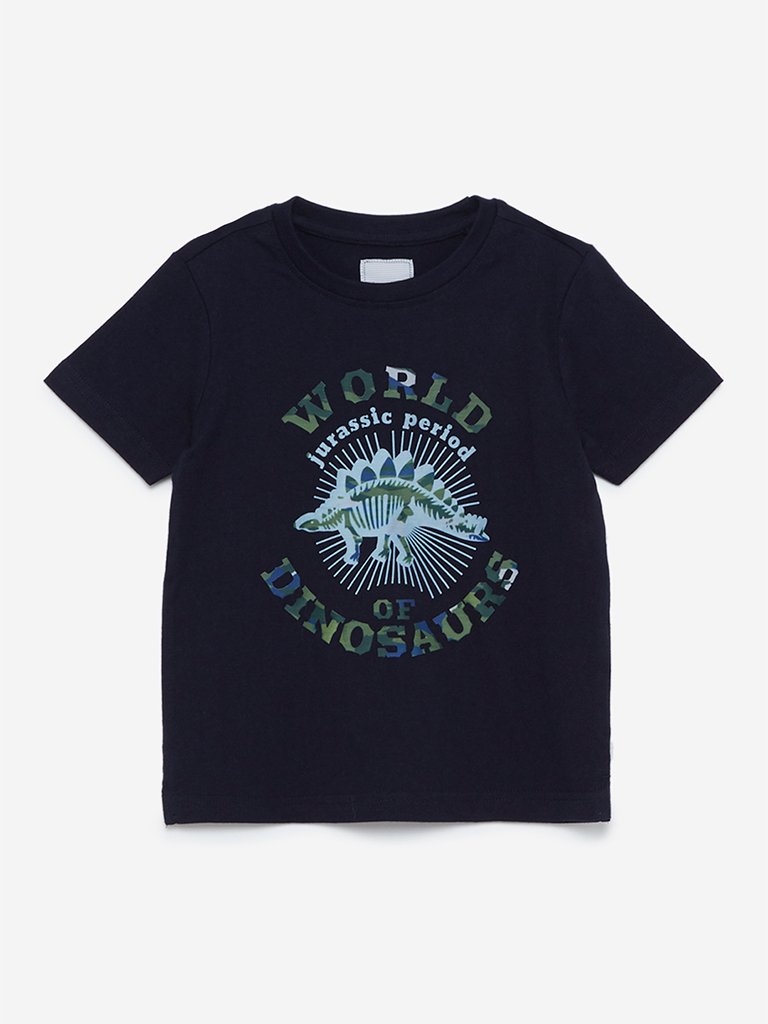HOP Kids Navy Dinosaur Printed Cotton T-Shirt