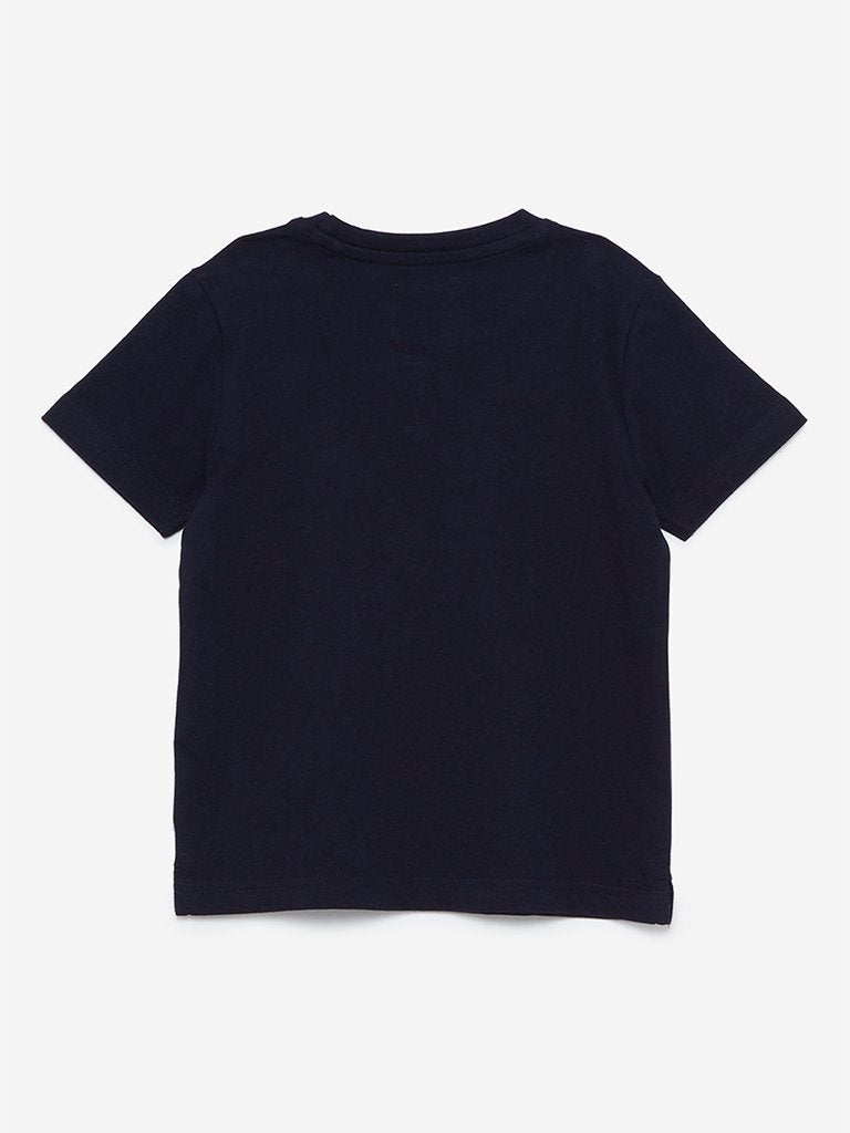 HOP Kids Navy Dinosaur Printed Cotton T-Shirt