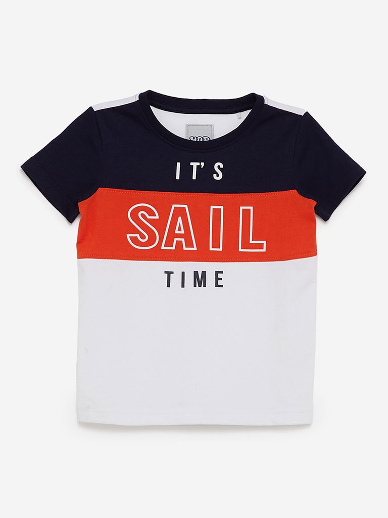 HOP Kids White Colour Block T-Shirt
