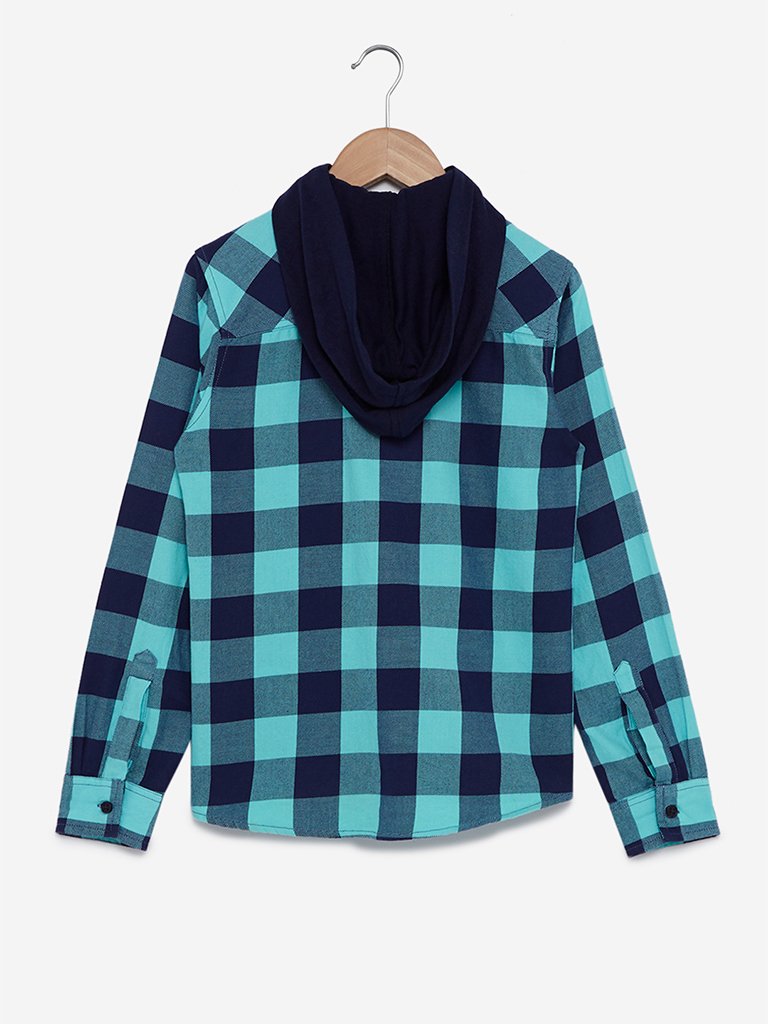 Y&F Kids Aqua Checked Hooded Shirt