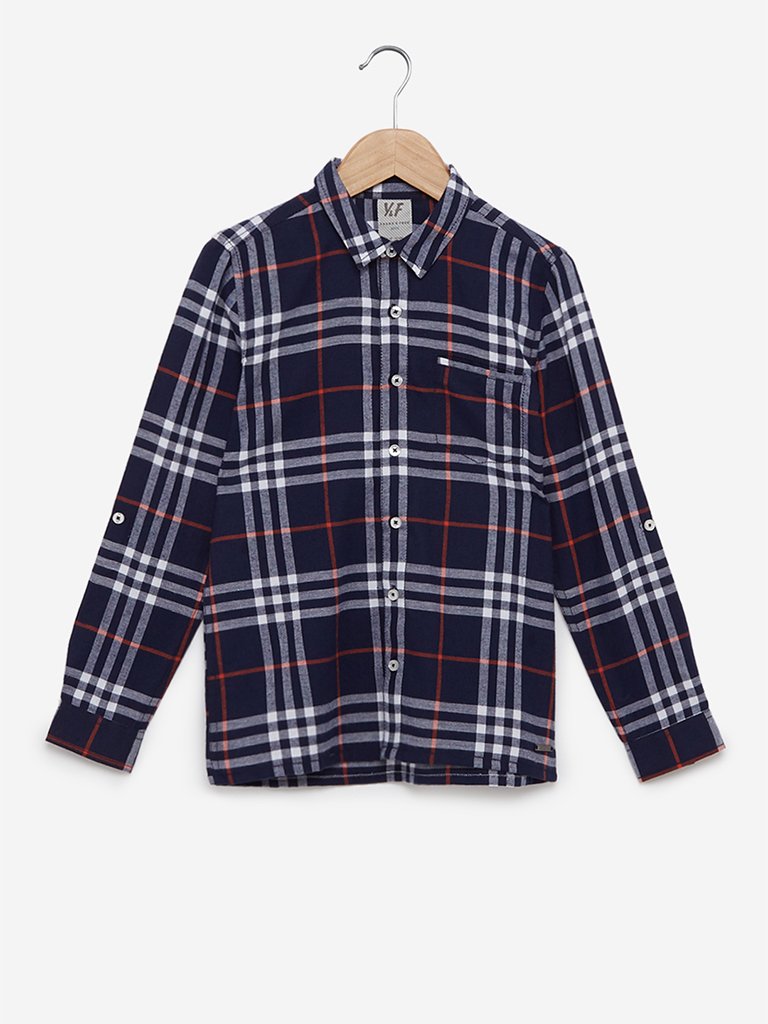 Y&F Kids Navy Checkered Cotton Shirt