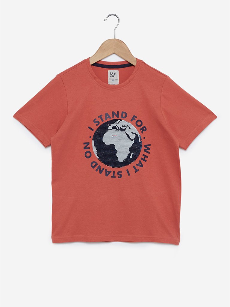Y&F Kids Light Rust Sequinned T-Shirt