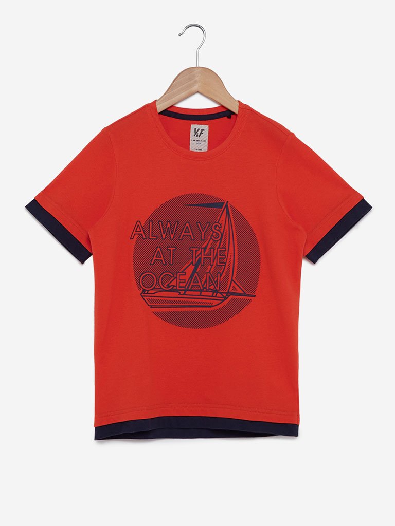 Y&F Kids Orange Printed Crewneck T-Shirt