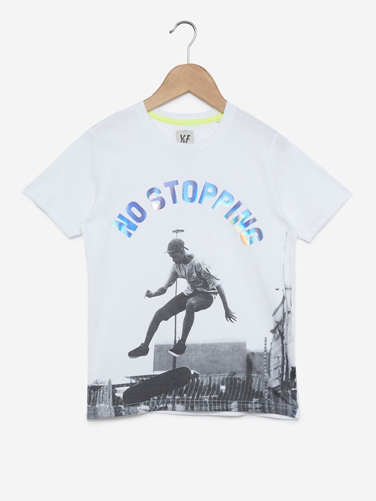 Y&F Kids White Skateboard Crewneck T-Shirt