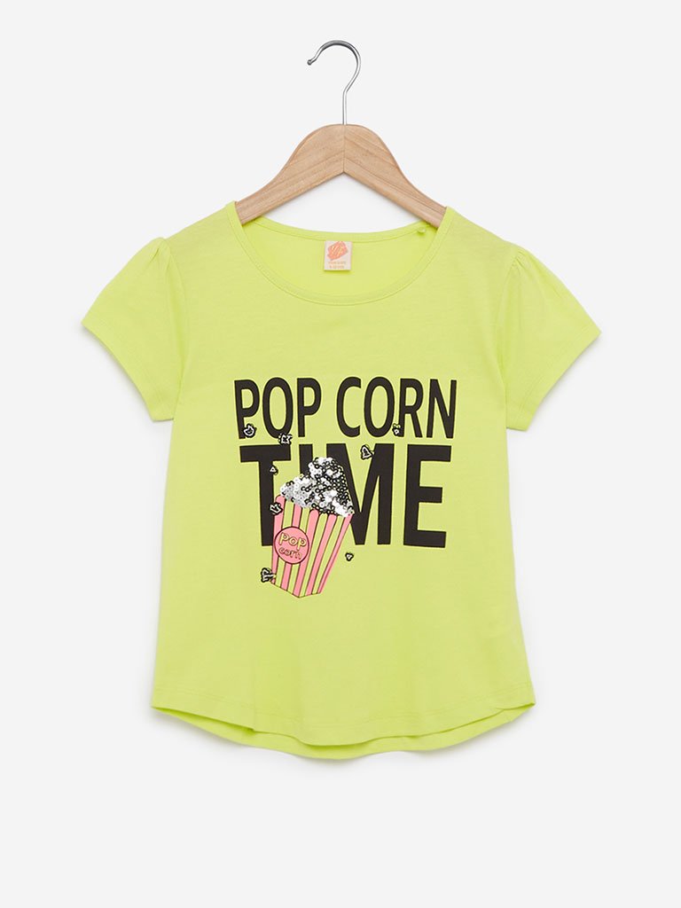 Y&F Kids Lime Popcorn Tub Printed T-Shirt