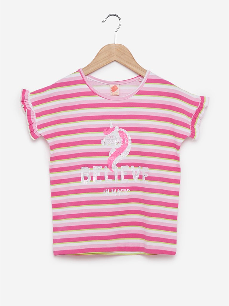 Y&F Kids Pink Unicorn Stripe Patterned T-Shirt