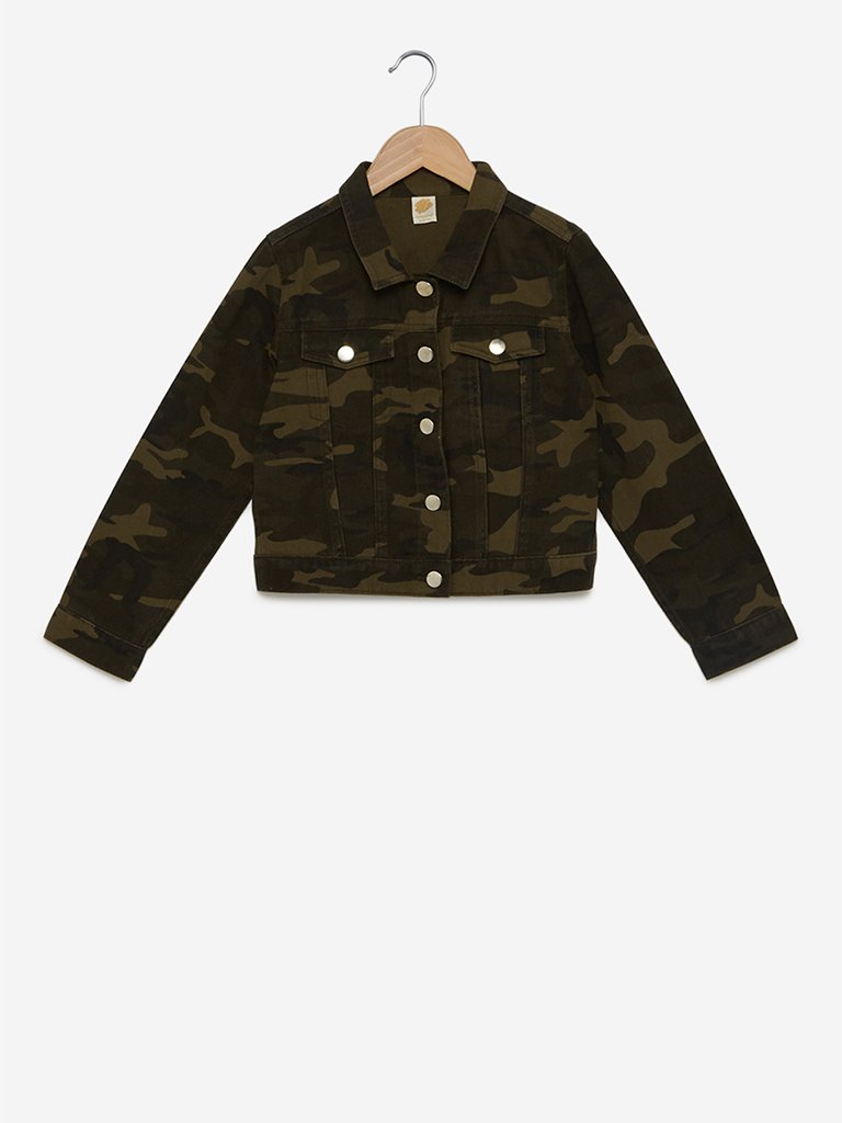 Y&F Kids Olive Camouflage Print Cropped Jacket