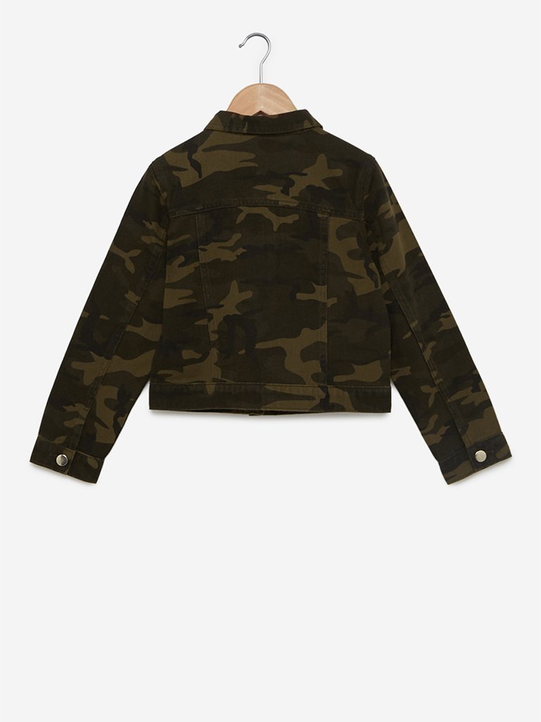 Y&F Kids Olive Camouflage Print Cropped Jacket
