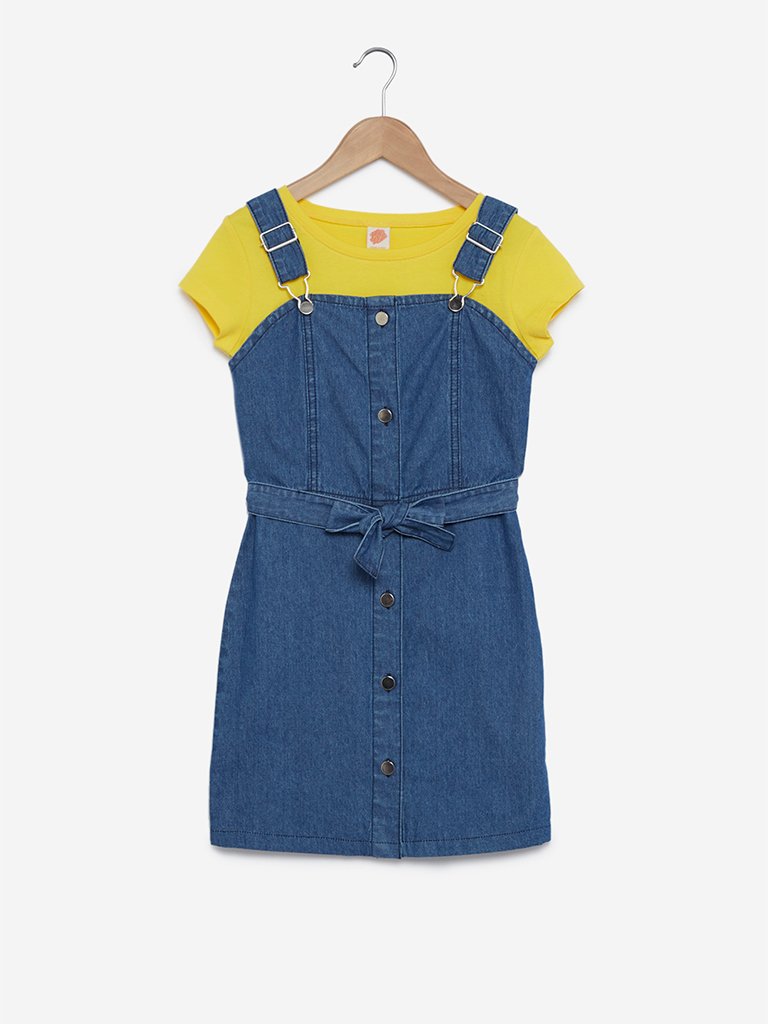 Y&F Kids Blue T-Shirt With Pinafore And Belt Set