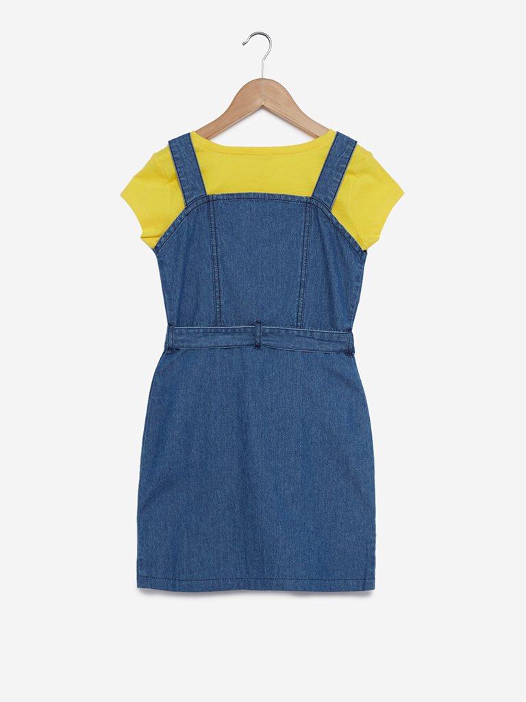 Y&F Kids Blue T-Shirt With Pinafore And Belt Set