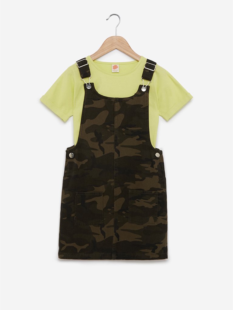 Y&F Kids Olive Camouflage Pinafore And T-Shirt
