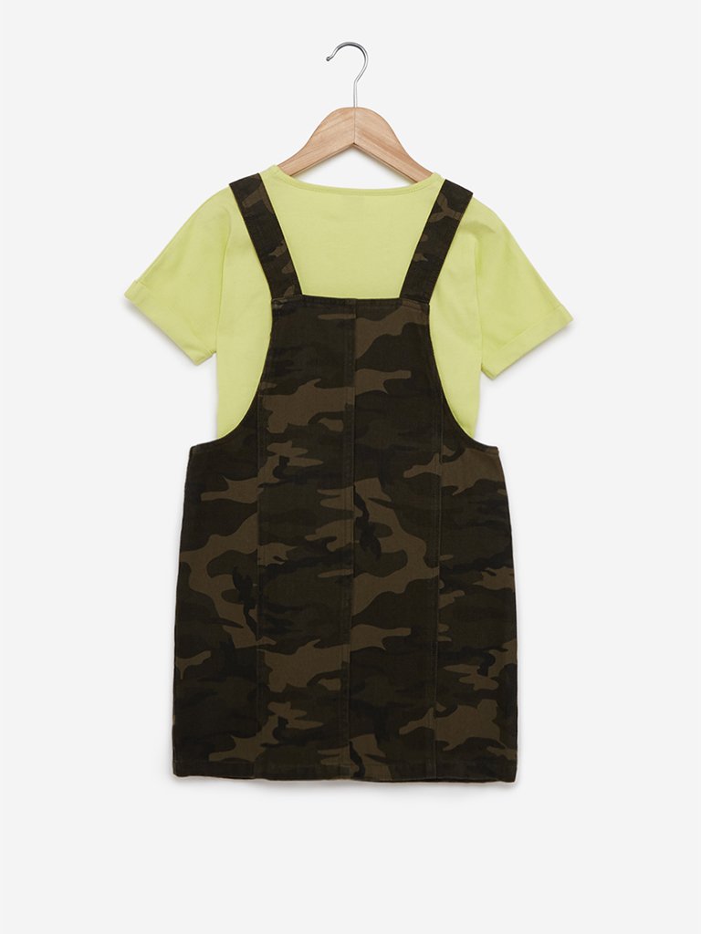 Y&F Kids Olive Camouflage Pinafore And T-Shirt