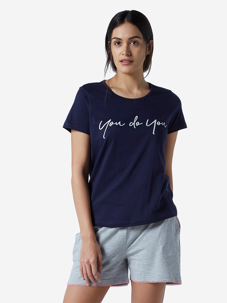 Wunderlove Navy Text Printed Cotton T-Shirt