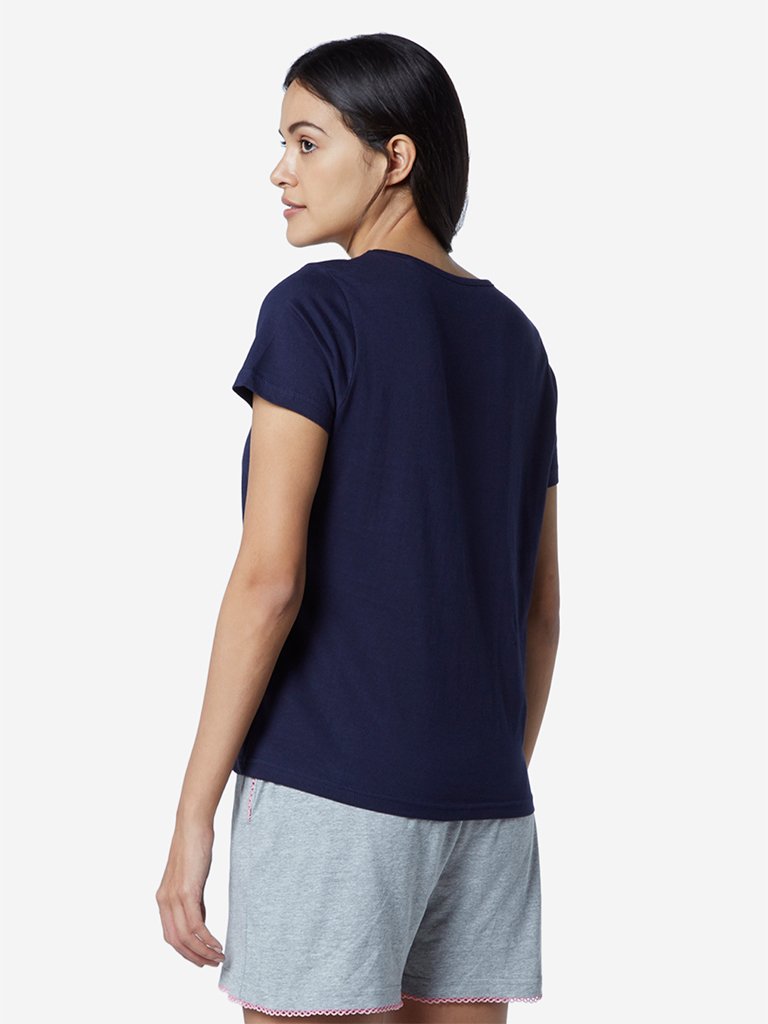 Wunderlove Navy Text Printed Cotton T-Shirt