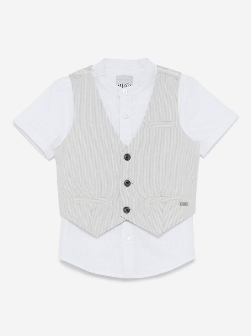 HOP Kids Ecru Striped Waistcoat And Shirt Set