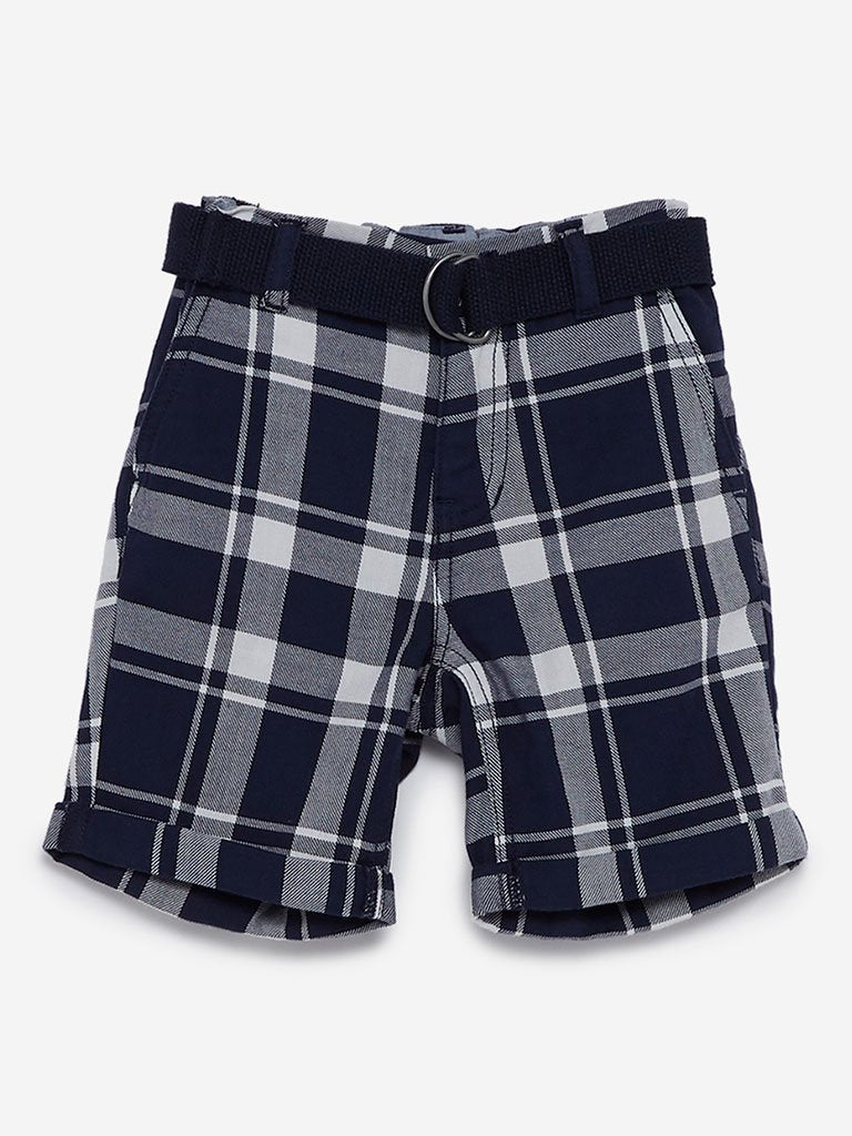 HOP Kids Navy Check Print Shorts With Belt