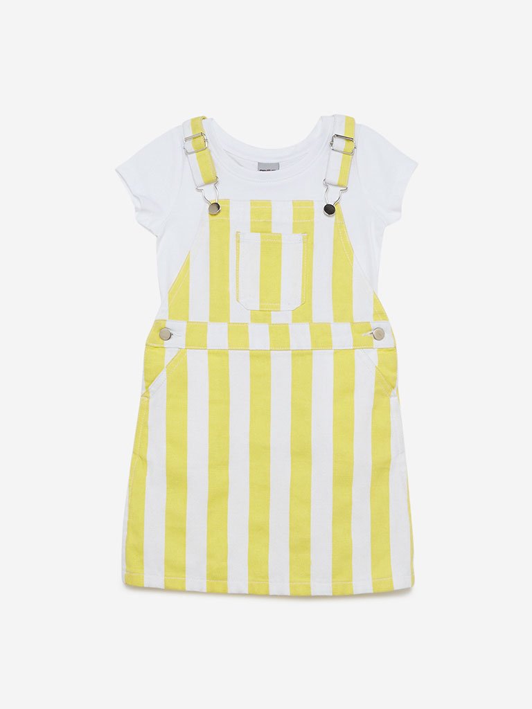 HOP Kids Yellow Striped Pinafore And T-Shirt Set