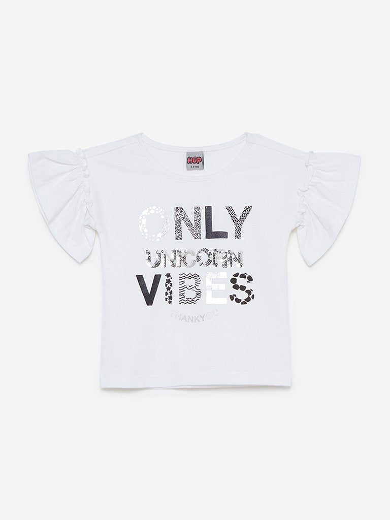 HOP Kids White Crewneck Typographic Print Top