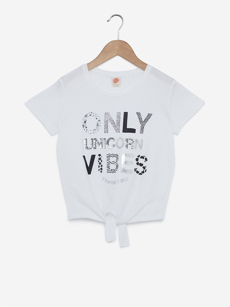 Y&F Kids White Typographic Print T-Shirt