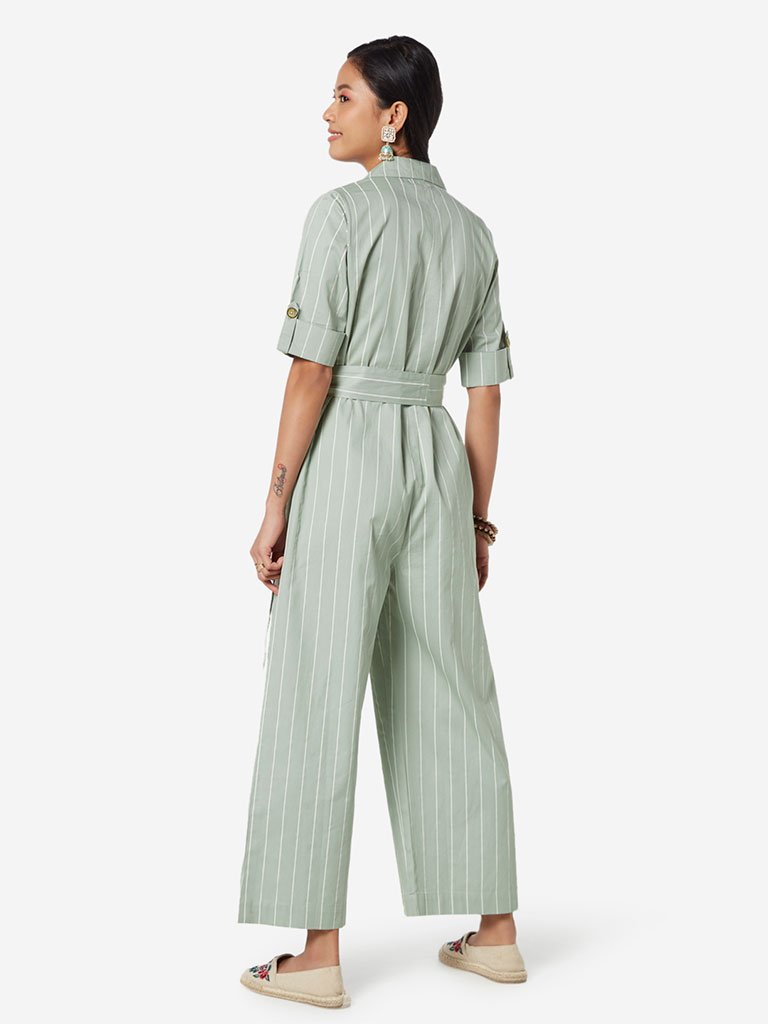 Bombay Paisley Mint Striped Jumpsuit With Belt