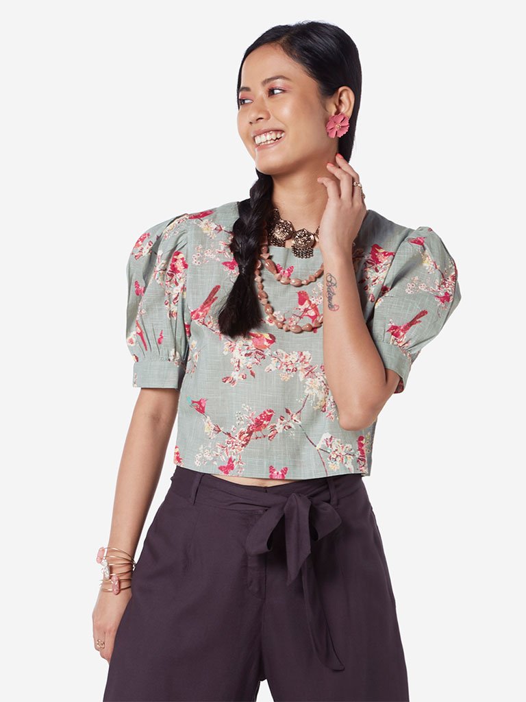 Bombay Paisley Sage Green Bird Printed Crop-Top