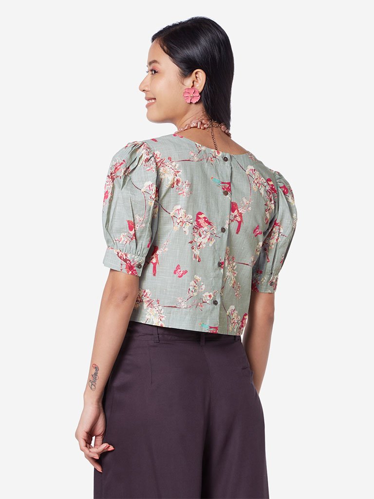 Bombay Paisley Sage Green Bird Printed Crop-Top