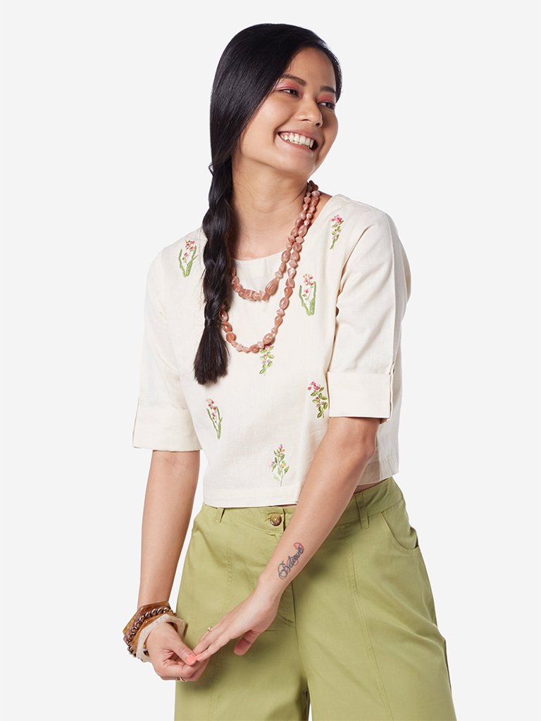 Bombay Paisley Off White Embroidered Crop-Top