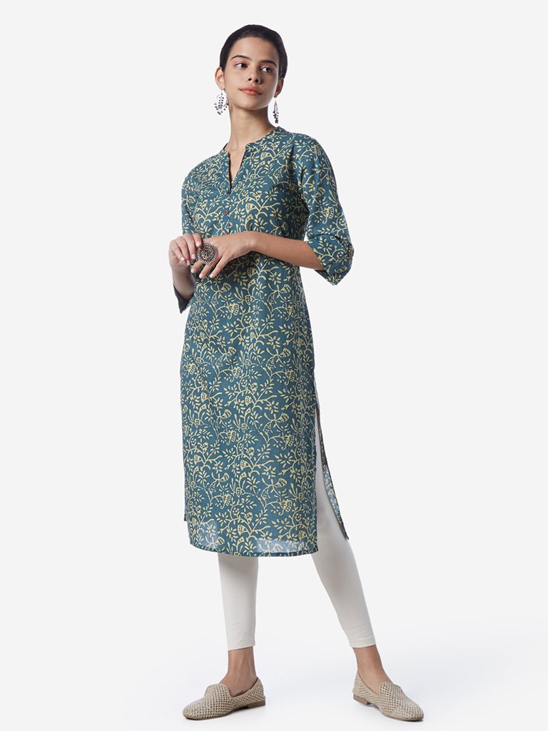 Utsa Teal Printed Cotton Straight Kurta