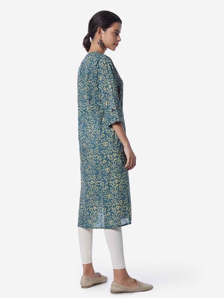 Utsa Teal Printed Cotton Straight Kurta