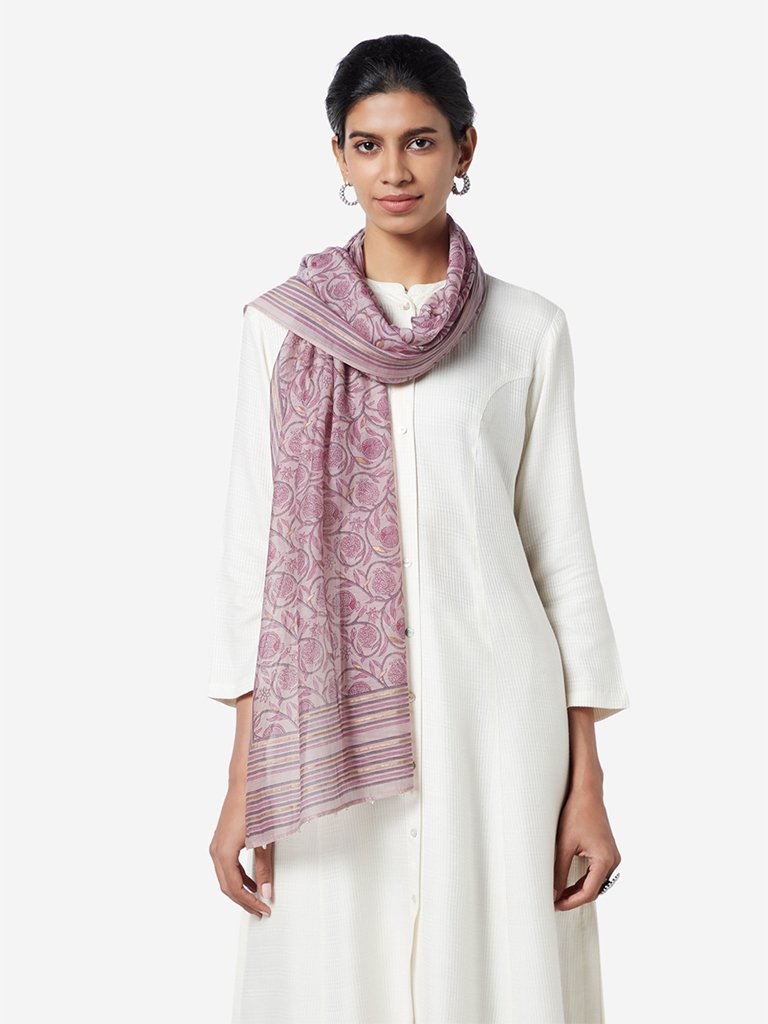 Zuba Lilac Printed Cotton-Silk Stole
