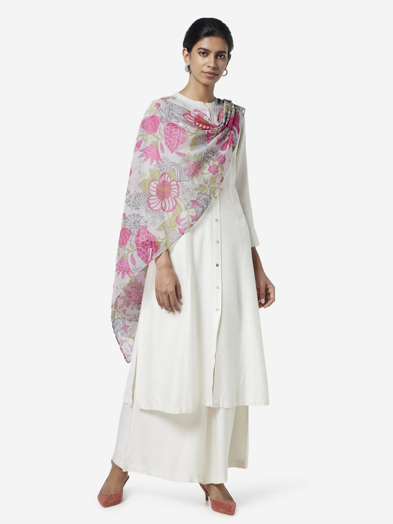 Zuba Pink Floral Patterned Cotton-Silk Stole