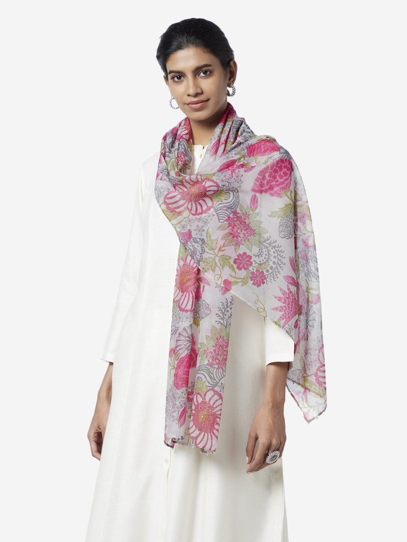 Zuba Pink Floral Patterned Cotton-Silk Stole
