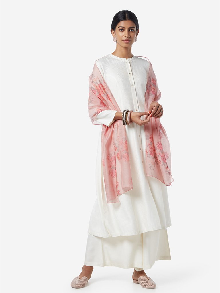 Zuba Light Pink Floral Cotton-Silk Stole